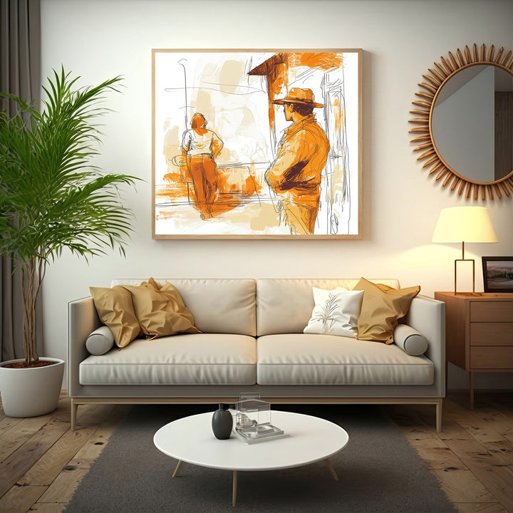 Wadi Home abstract wall art with figures in warm orange and beige tones, sketch-like style.
