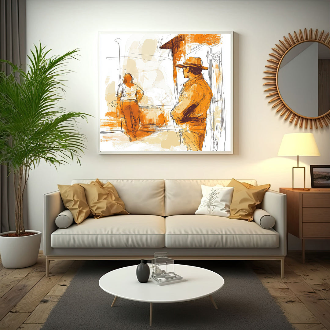 Wadi Home abstract wall art with figures in warm orange and beige tones, sketch-like style.