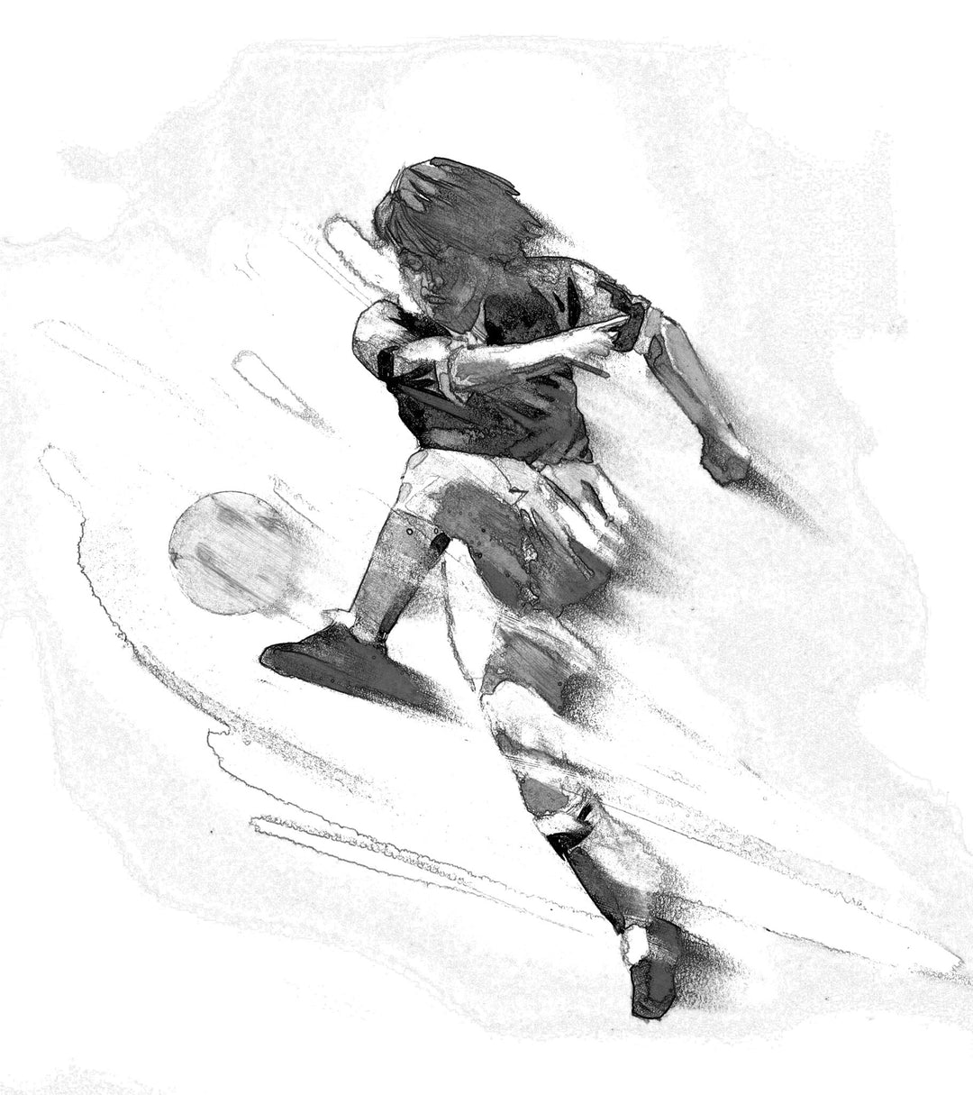 Wadi Home dynamic black and white sketch art of a soccer player in mid-kick, conveying speed and intensity.