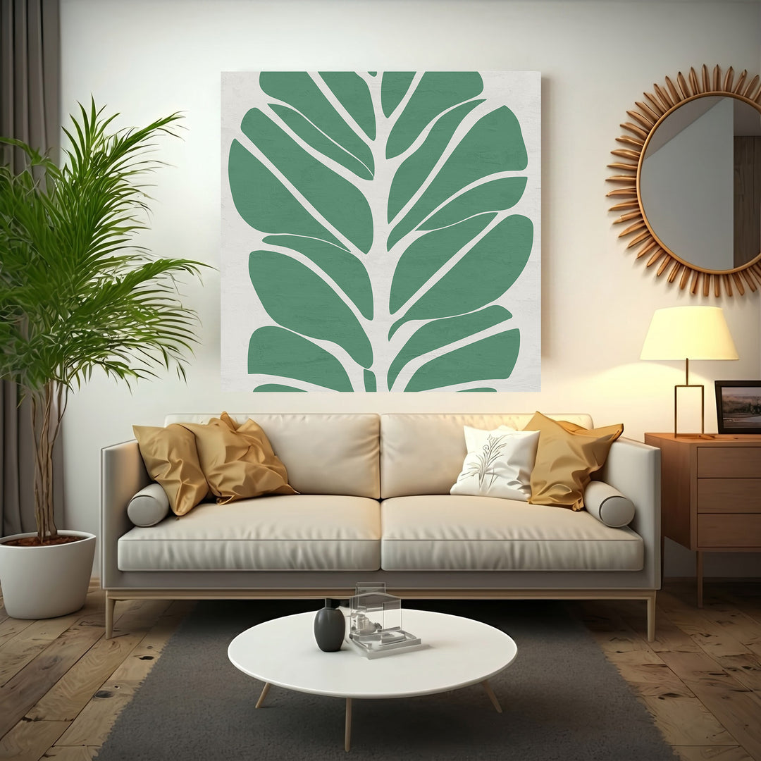 Wadi Home abstract green leaf wall art on a neutral background, minimalist botanical design.