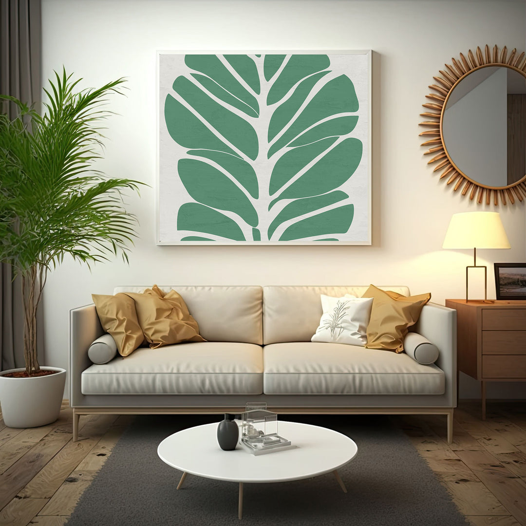 Wadi Home abstract green botanical leaf wall art on a neutral background, minimalist design.
