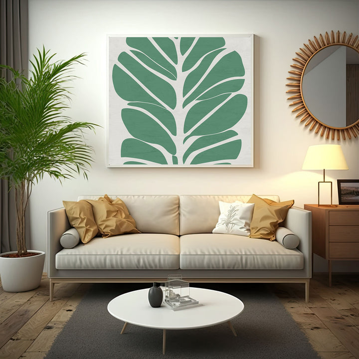 Wadi Home abstract green botanical leaf wall art on a neutral background, minimalist design.