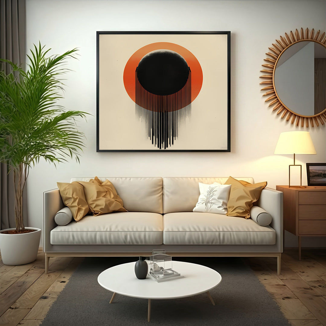 Wadi Home Abstract Sunburst Wall Art with black orb, orange sunburst, and dripping effect on cream background.