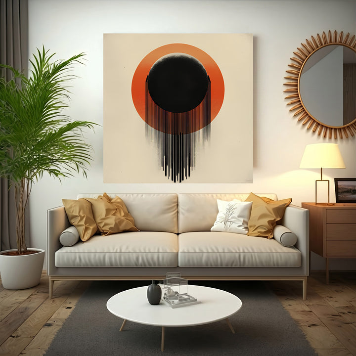 Wadi Home Abstract Sunburst Wall Art with black orb, orange gradient, and dripping lines on cream background.