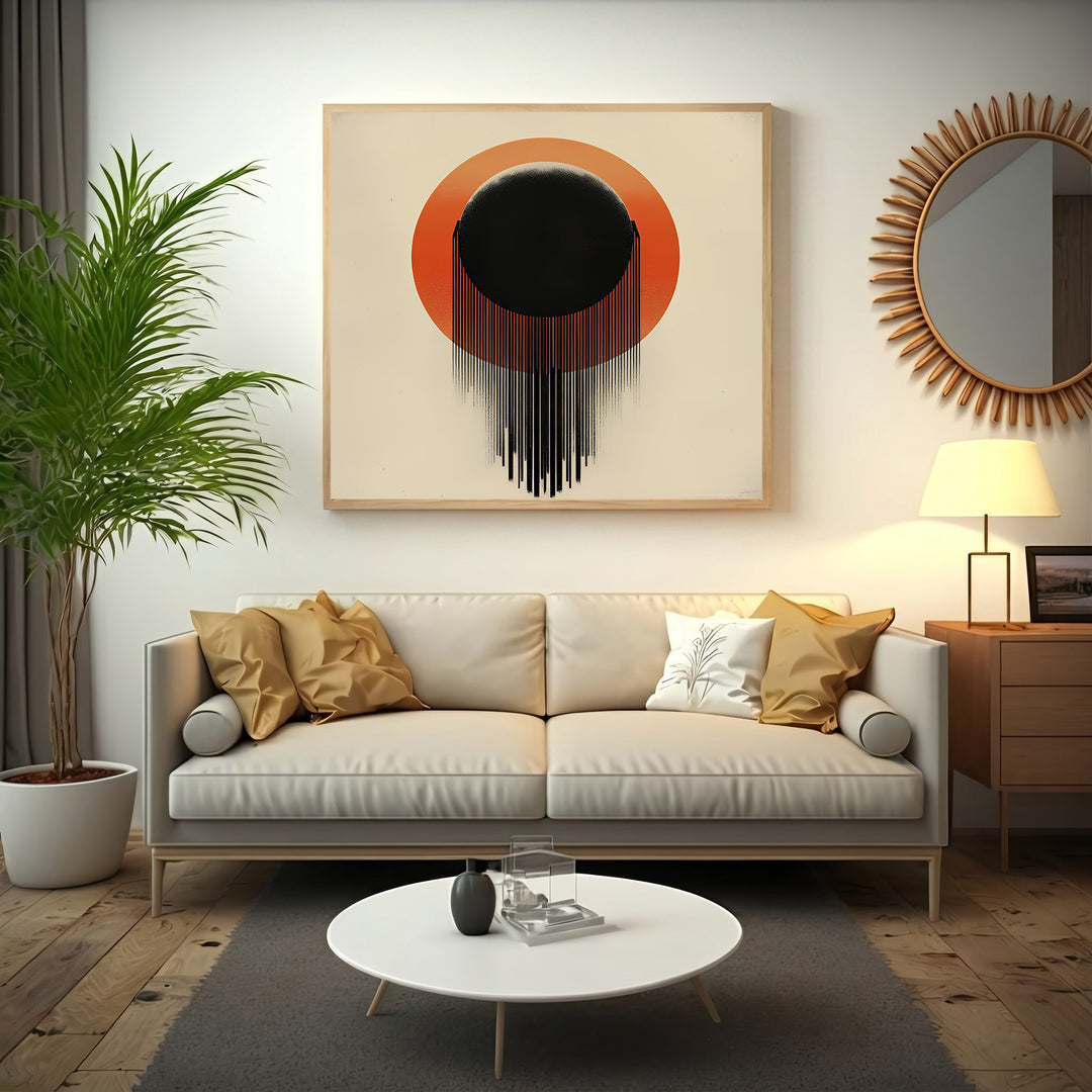 Wadi Home Abstract Sunburst Wall Art with black orb and orange sunburst design, dripping effect.