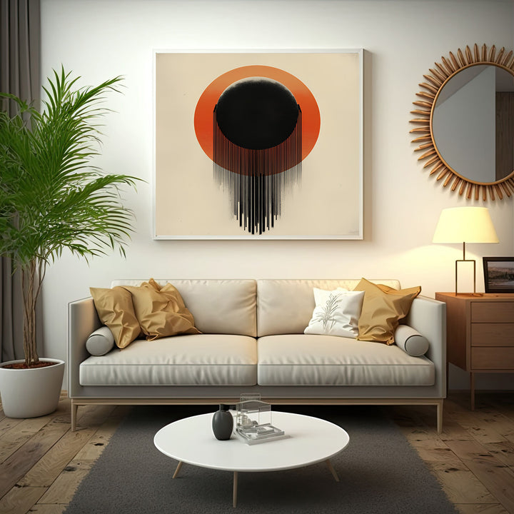 Wadi Home Abstract Sunburst Wall Art with black orb and orange sunburst design, dripping effect.