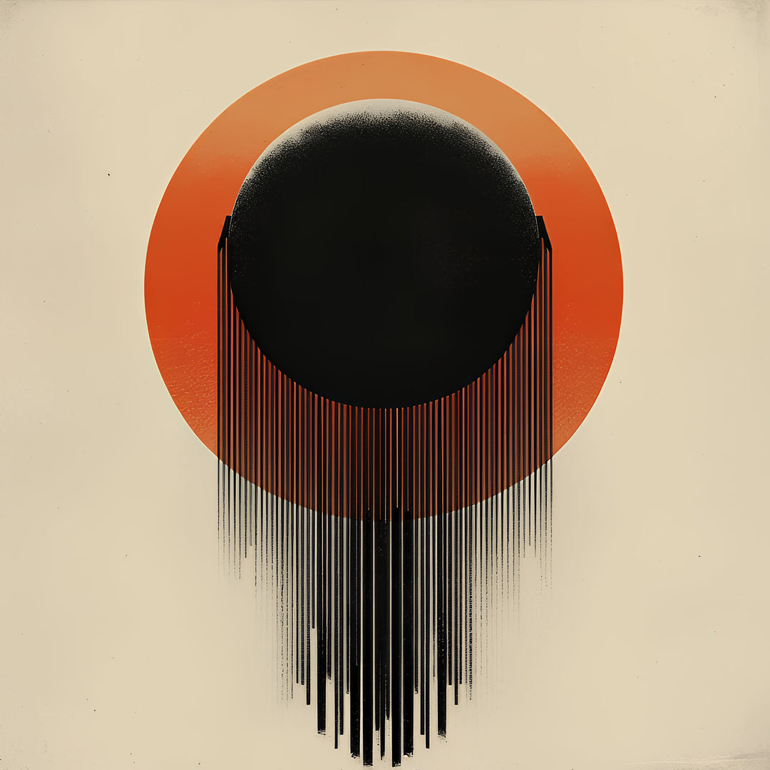 Wadi Home Abstract Sunburst Wall Art with black orb, orange gradient, and dripping lines on cream background.