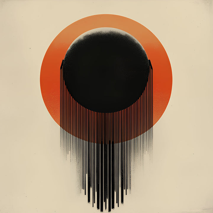 Wadi Home Abstract Sunburst Wall Art with black orb, orange gradient, and dripping lines on cream background.