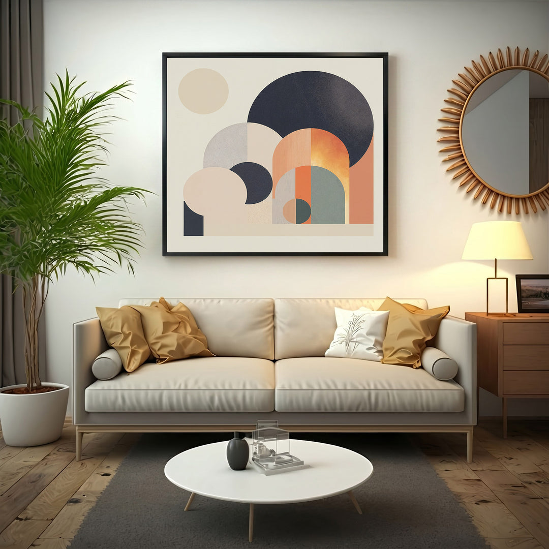 Wadi Home abstract geometric arch wall art print with cream, beige, navy, and terracotta circles and arches.