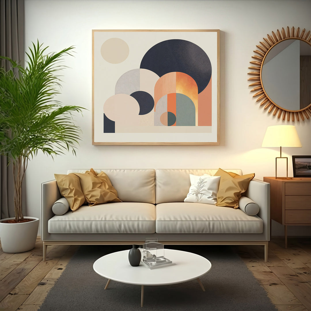 Wadi Home abstract geometric arch wall art print with cream, beige, navy, and terracotta circles and arches.