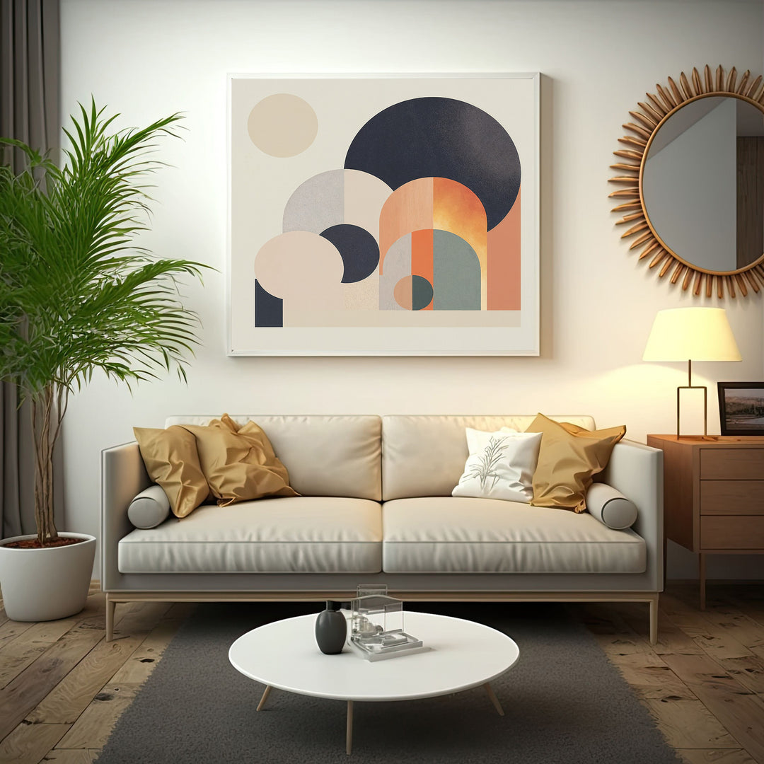 Wadi Home abstract geometric wall art with cream, beige, navy, and terracotta circles and arches.
