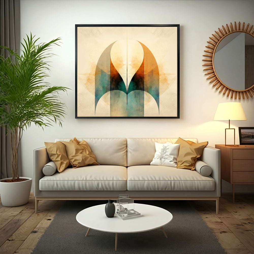 Wadi Home Abstract Archway Wall Art with warm oranges, teals, and browns, watercolor texture.