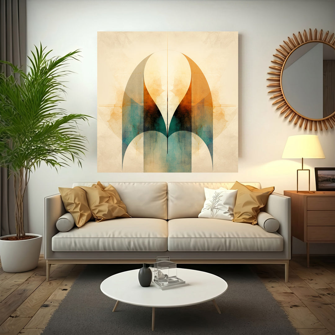 Wadi Home abstract archway wall art with warm oranges, teals, and browns, watercolor texture.