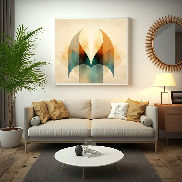 Wadi Home Abstract Archway Wall Art with geometric design in warm oranges, teals, and browns, watercolor texture.