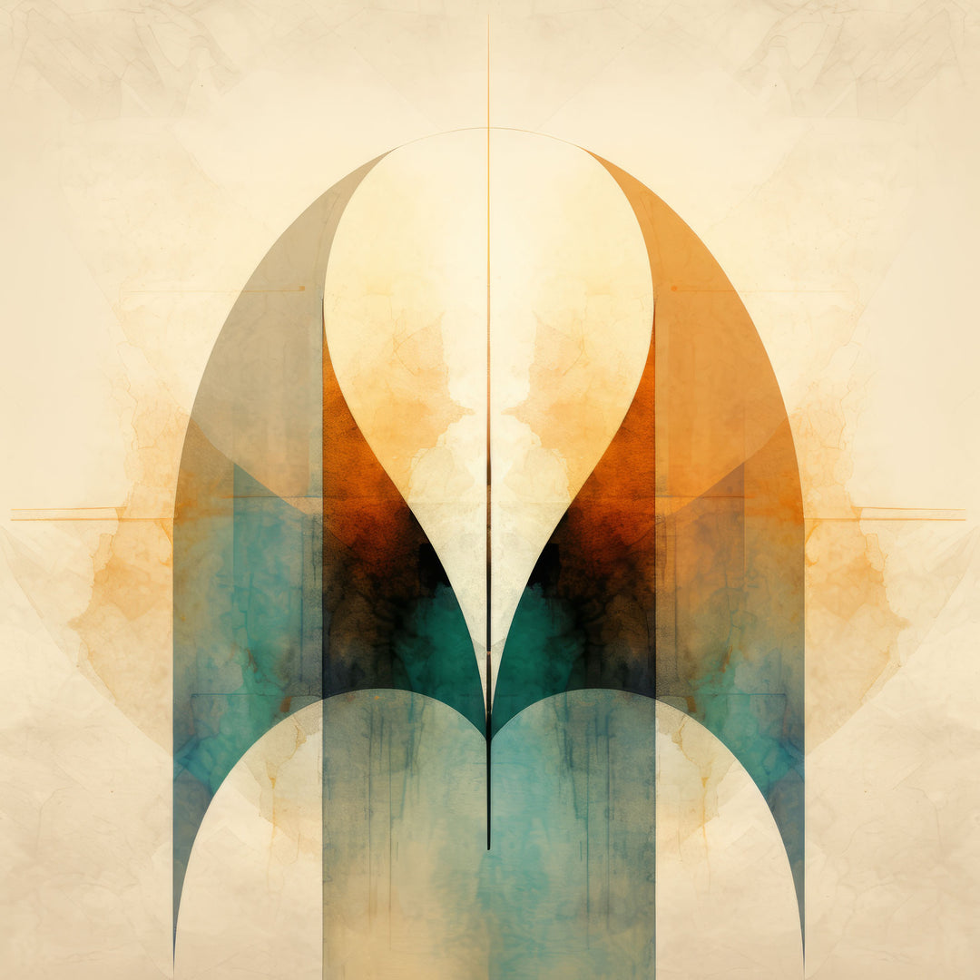 Wadi Home abstract archway wall art with warm oranges, teals, and browns, watercolor texture.