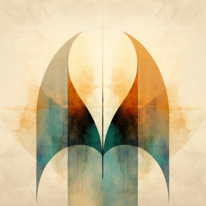 Wadi Home abstract archway wall art with warm oranges, teals, and browns, watercolor texture.