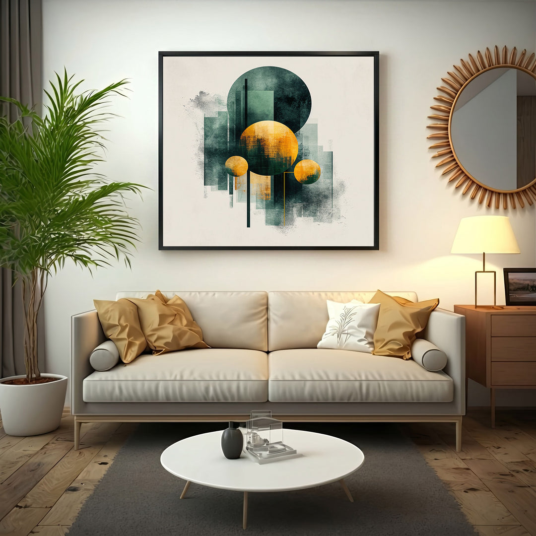 Wadi Home Abstract Geometric Circles Wall Art in deep teal and ochre. Modern textured design.