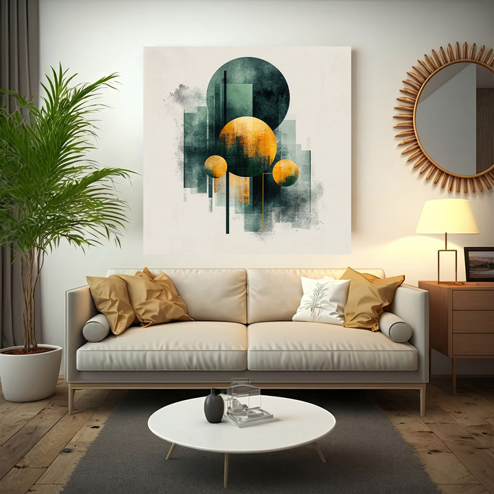 Wadi Home Abstract Geometric Circles Wall Art in deep teal and ochre with textured finish. Modern abstract art.