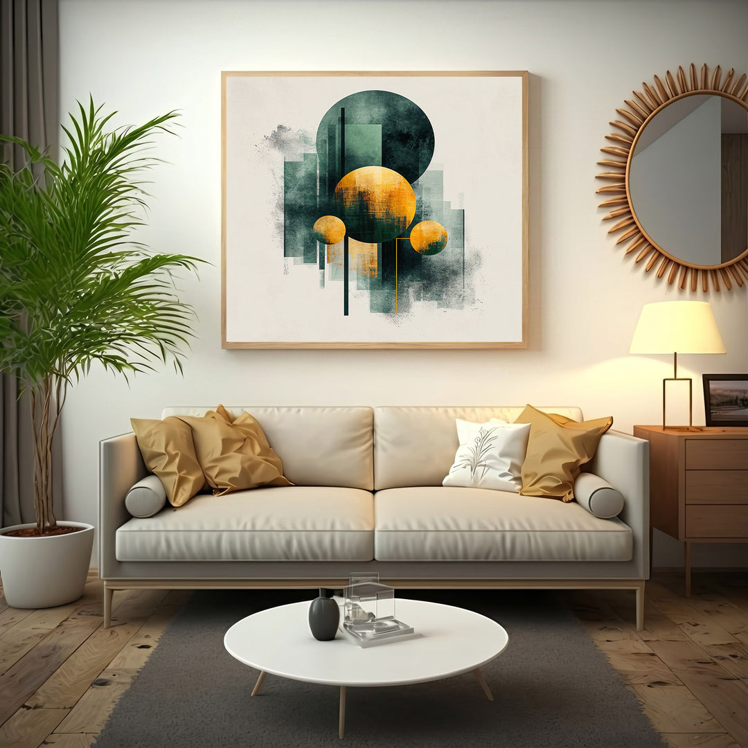 Wadi Home Abstract Geometric Circles Wall Art with deep teal and warm ochre circles and abstract shapes.