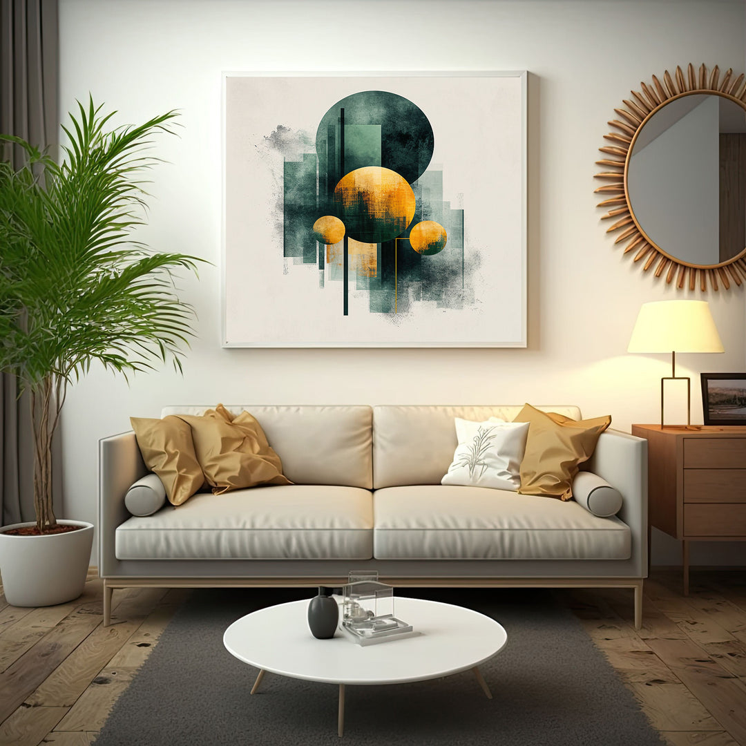 Wadi Home Abstract Geometric Circles Wall Art in deep teal and ochre, modern textured design.