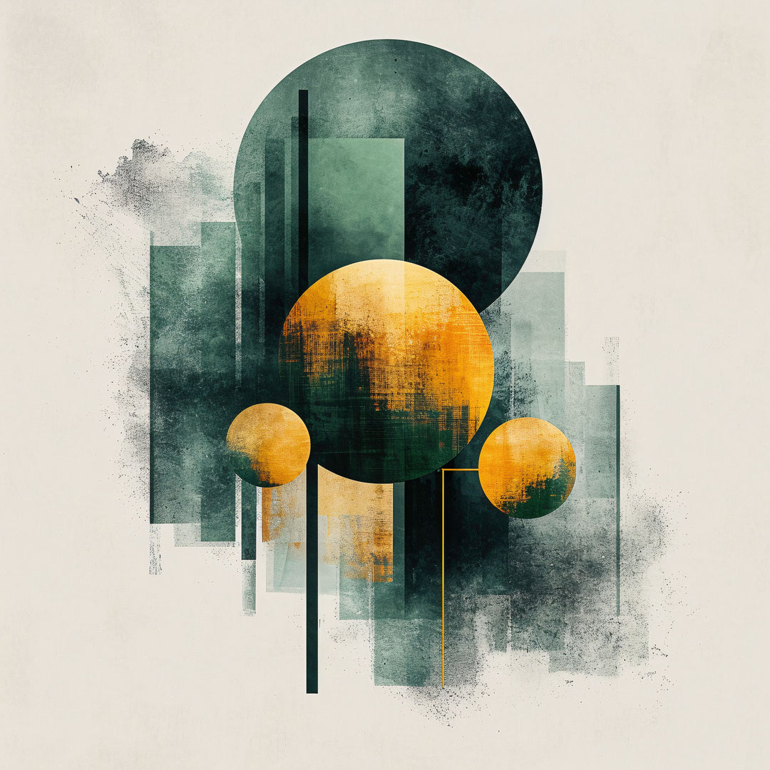 Wadi Home Abstract Geometric Circles Wall Art in deep teal and ochre with textured finish. Modern abstract art.
