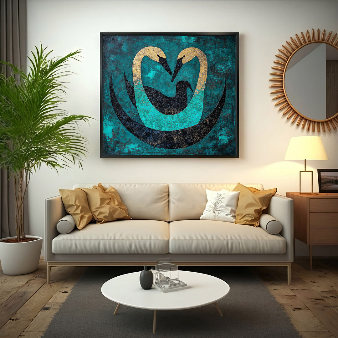 Wadi Home abstract wall art featuring two gold swans forming a heart shape on a teal and black textured background.