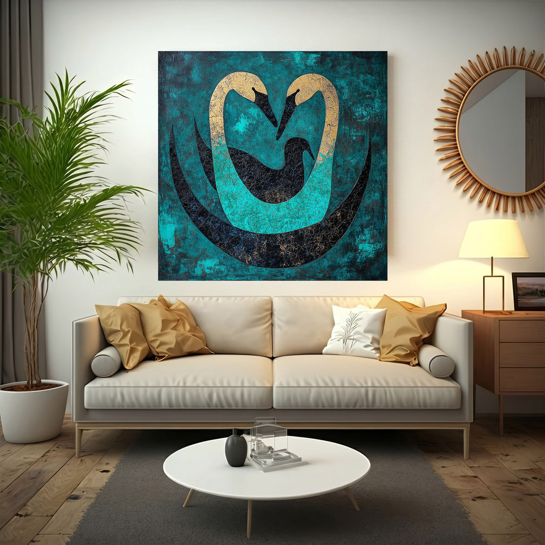 Wadi Home Abstract Swan Embrace wall art featuring two swans in teal, black, and gold forming a heart shape on a textured background.