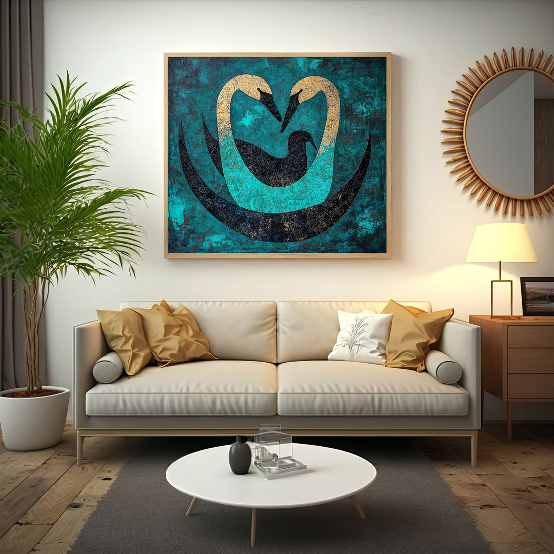 Wadi Home Abstract Swan Embrace Wall Art with teal, black, and gold swans forming a heart shape. Textured finish.