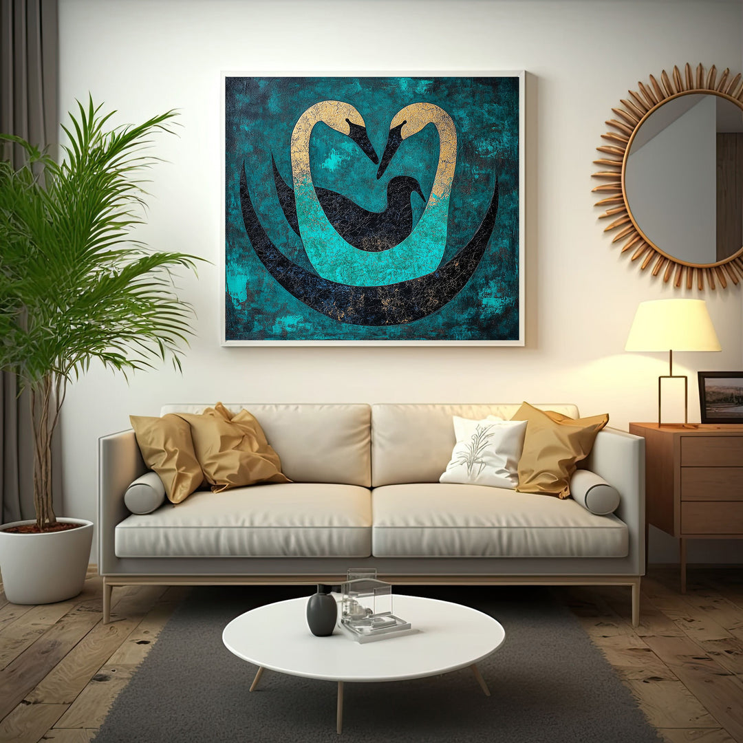Wadi Home Abstract Swan Embrace Wall Art featuring teal, black, and gold swans forming a heart shape. Textured finish.
