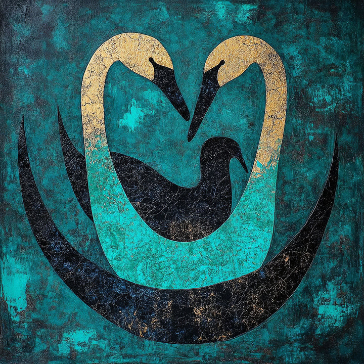 Wadi Home Abstract Swan Embrace wall art featuring two swans in teal, black, and gold forming a heart shape on a textured background.