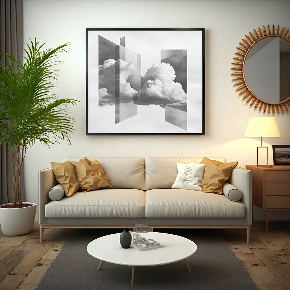 Wadi Home Abstract Cloudscape framed wall art in black frame, featuring monochromatic clouds and geometric shapes.