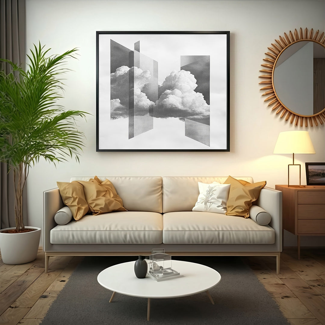 Wadi Home Abstract Cloudscape framed wall art in black frame, featuring monochromatic clouds and geometric shapes.