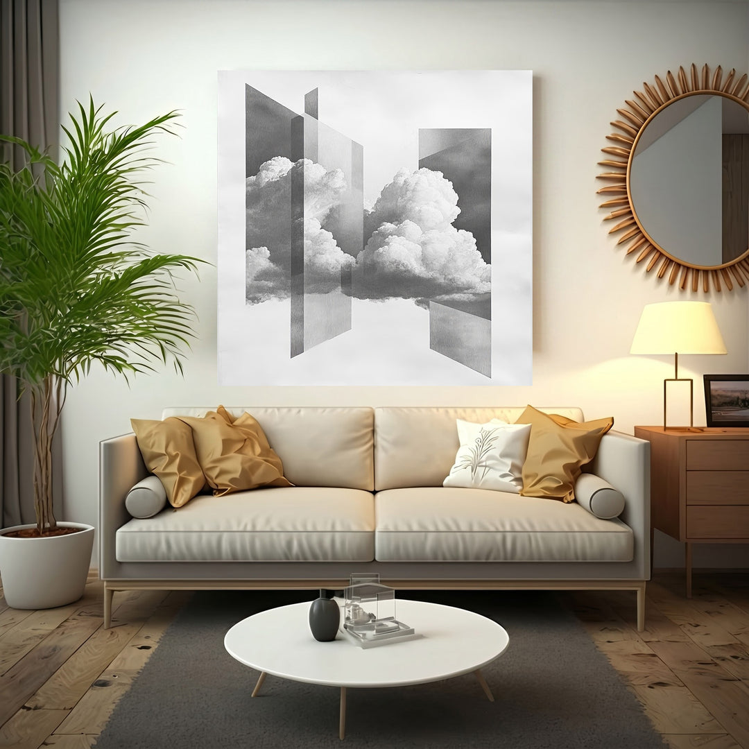 Wadi Home abstract cloudscape framed wall art with geometric shapes and monochromatic clouds.