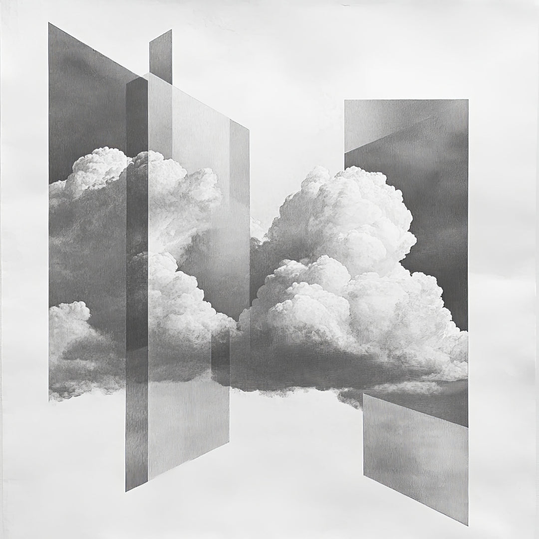 Wadi Home abstract cloudscape framed wall art with geometric shapes and monochromatic clouds.