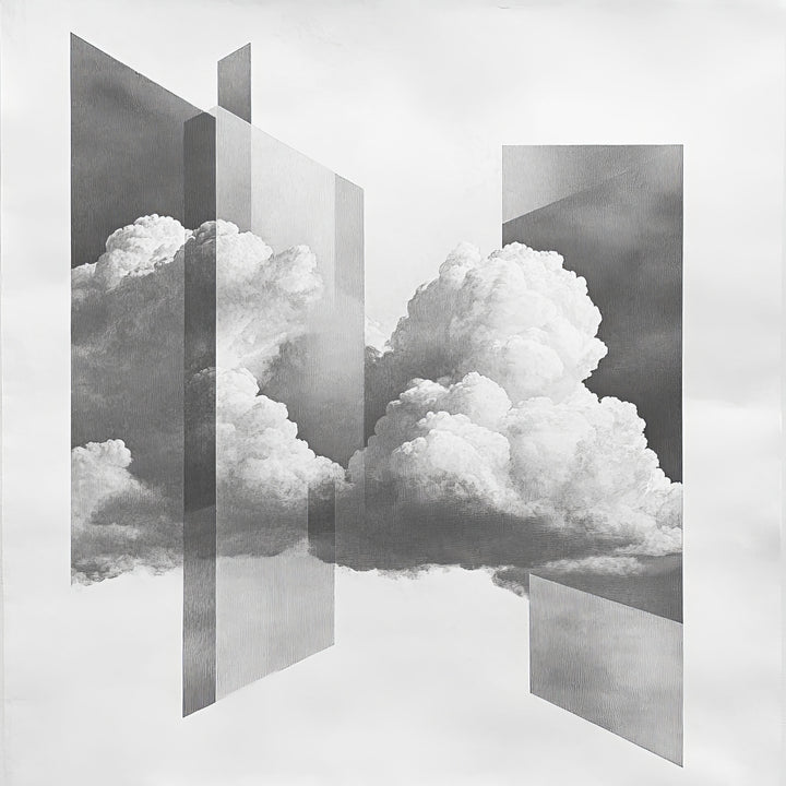 Wadi Home abstract cloudscape framed wall art with geometric shapes and monochromatic clouds.