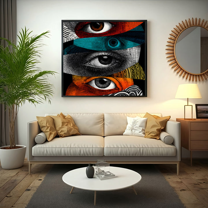 Wadi Home abstract eyes collage wall art with bold colors and intricate textures, featuring diverse eye motifs.