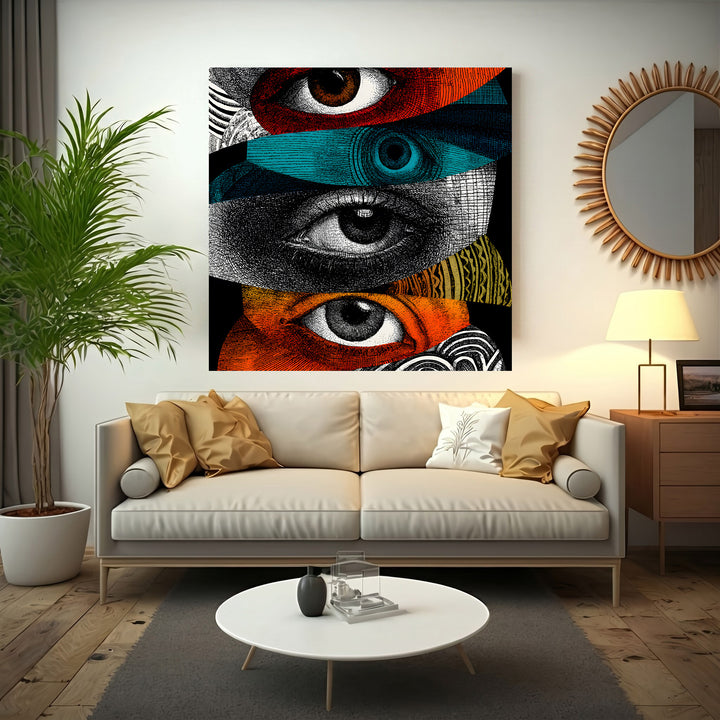 Wadi Home Abstract Eyes Collage Wall Art featuring a surrealist arrangement of diverse eye motifs in bold colors and intricate textures.