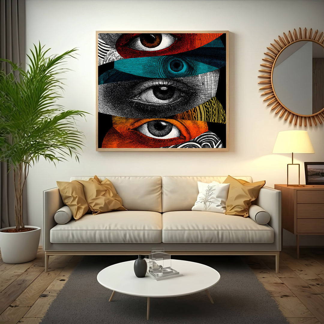 Wadi Home abstract collage wall art featuring stacked eyes in vibrant colors and textures. Framed print.