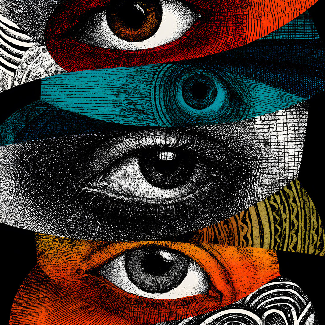 Wadi Home Abstract Eyes Collage Wall Art featuring a surrealist arrangement of diverse eye motifs in bold colors and intricate textures.