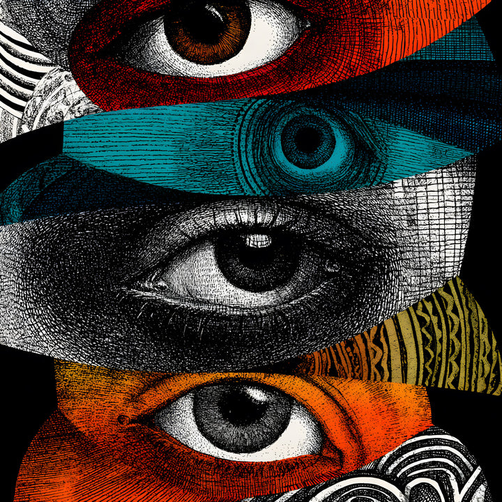 Wadi Home Abstract Eyes Collage Wall Art featuring a surrealist arrangement of diverse eye motifs in bold colors and intricate textures.