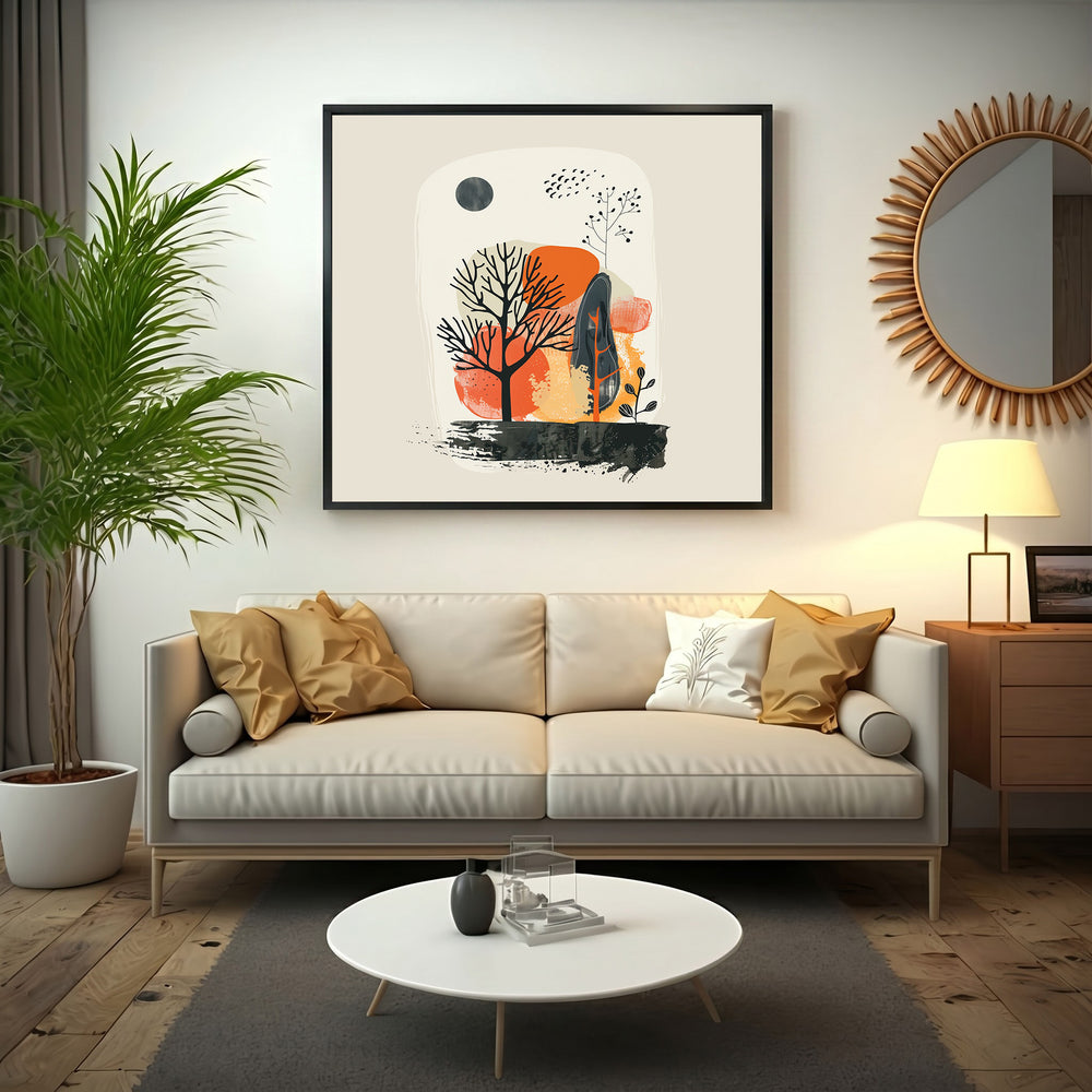 Wadi Home abstract landscape wall art with trees, moon, and earthy tones in a black frame.