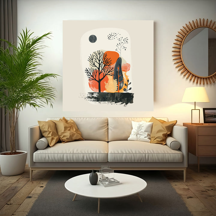 Wadi Home abstract landscape wall art with trees, moon, and warm earthy tones. Modern minimalist design.