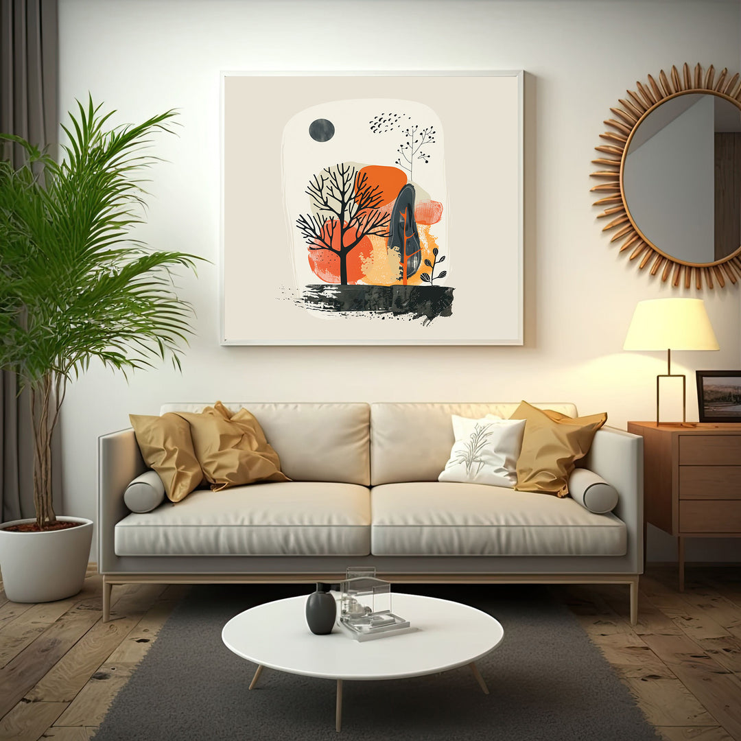 Wadi Home abstract landscape wall art with minimalist trees, sun, and earthy tones in a white frame.