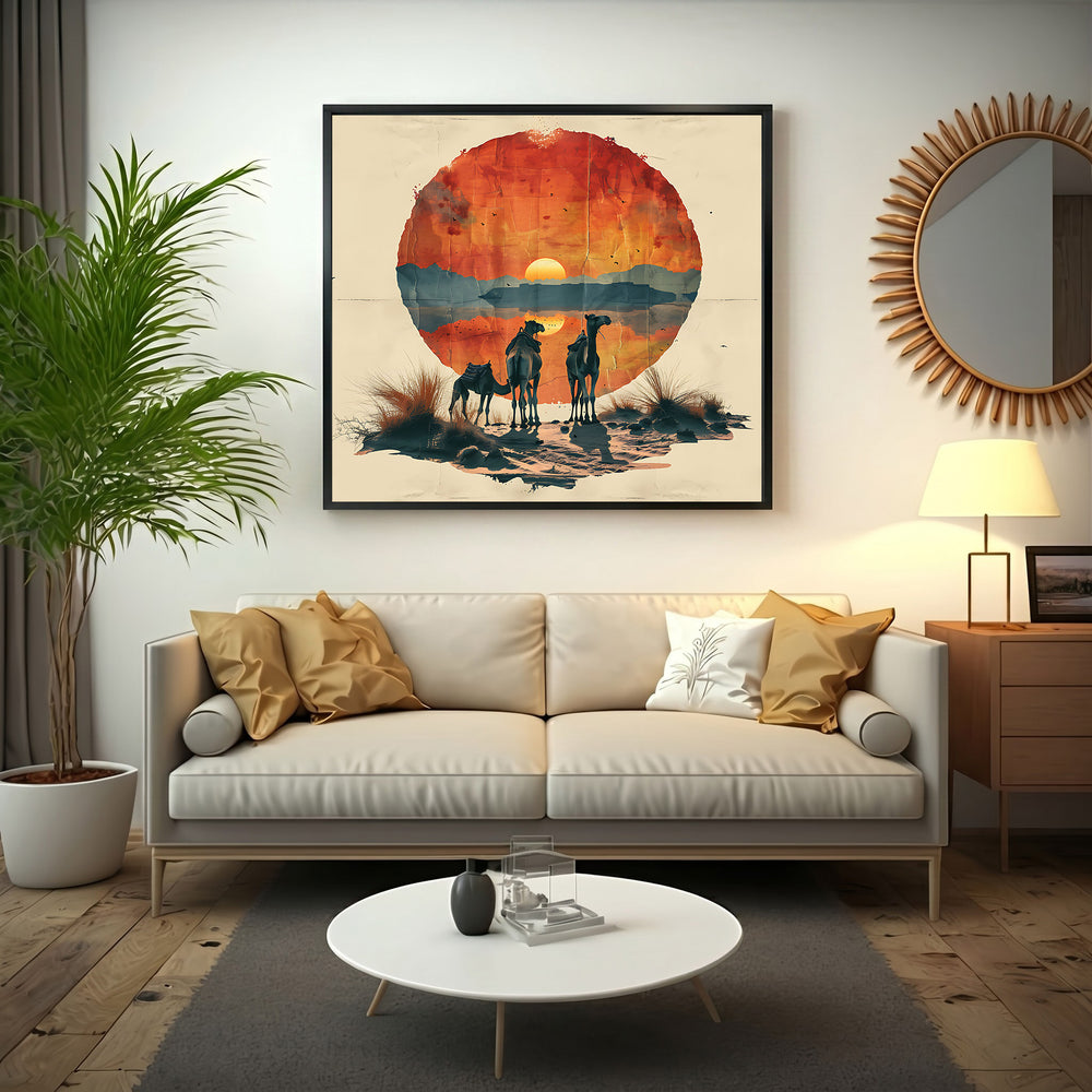 Wadi Home Desert Sunset Camel Caravan wall art featuring silhouetted camels against a vibrant circular sunset.