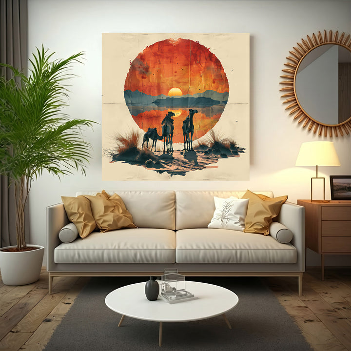 Wadi Home Desert Sunset Camel Caravan wall art featuring a circular, textured sunset with silhouetted camels and desert landscape.
