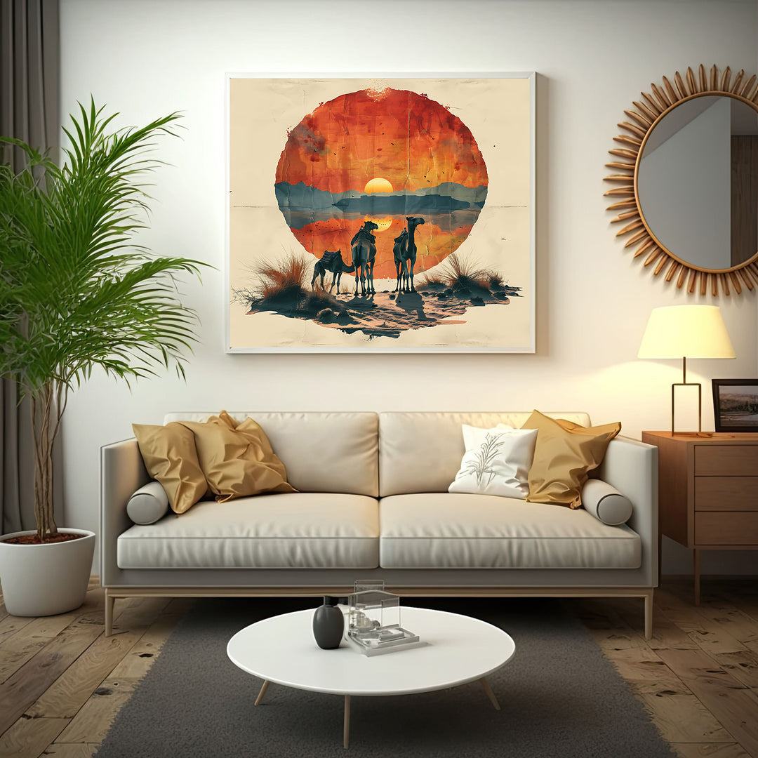 Wadi Home Desert Sunset Camel Caravan wall art featuring silhouetted camels against a vibrant circular sunset.