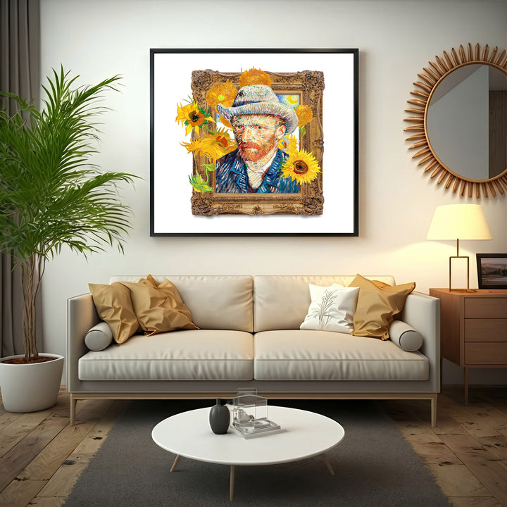 Wadi Home framed wall art of Vincent Van Gogh portrait surrounded by sunflowers, post-impressionist style, vibrant yellow and blue.