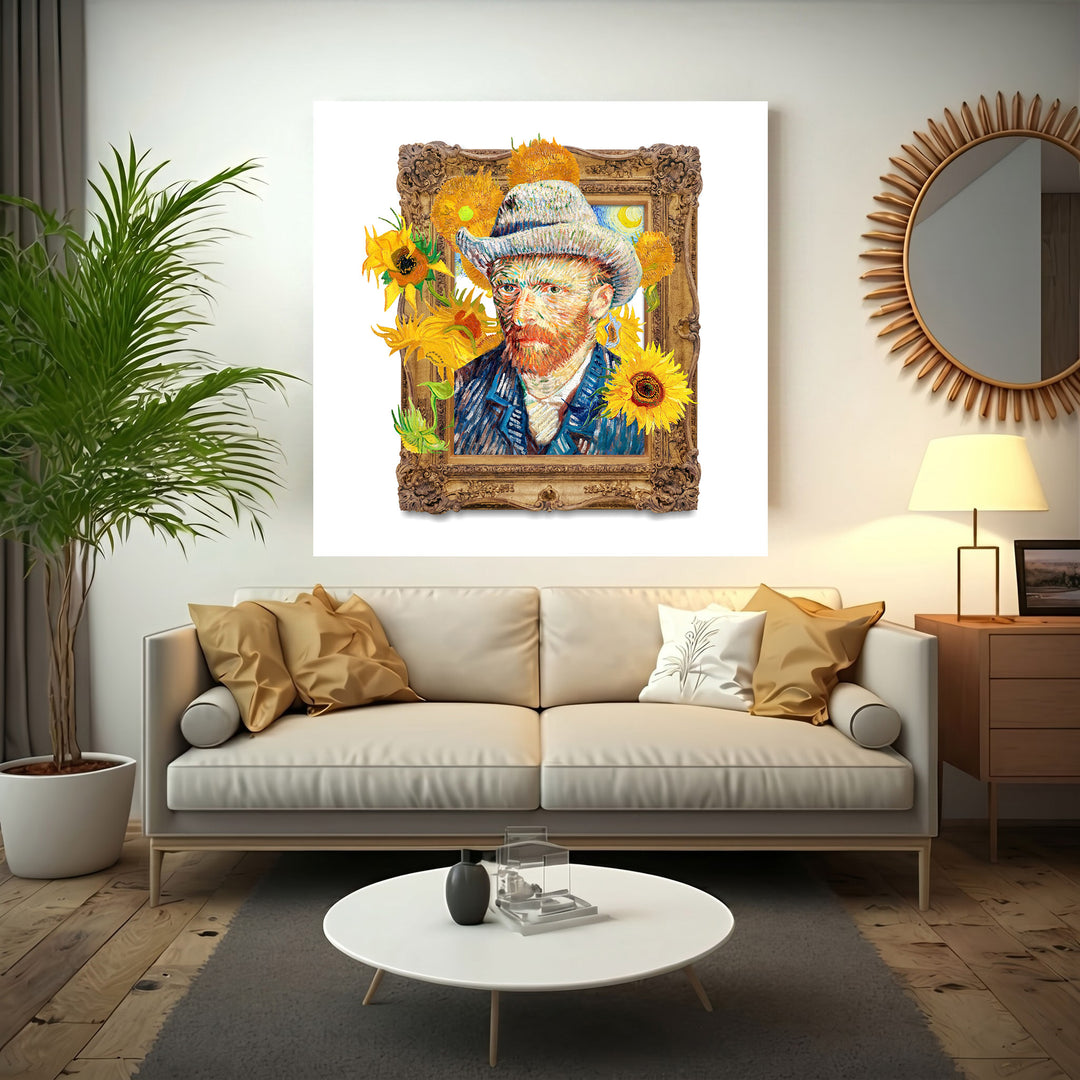 Wadi Home Vincent Van Gogh Sunflowers portrait wall art, featuring the artist and vibrant yellow sunflowers in a post-impressionist style.