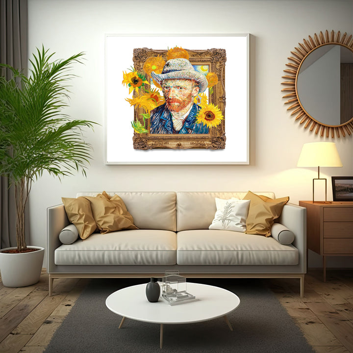 Wadi Home framed Vincent Van Gogh Sunflowers portrait wall art with sunflowers and ornate gold frame.