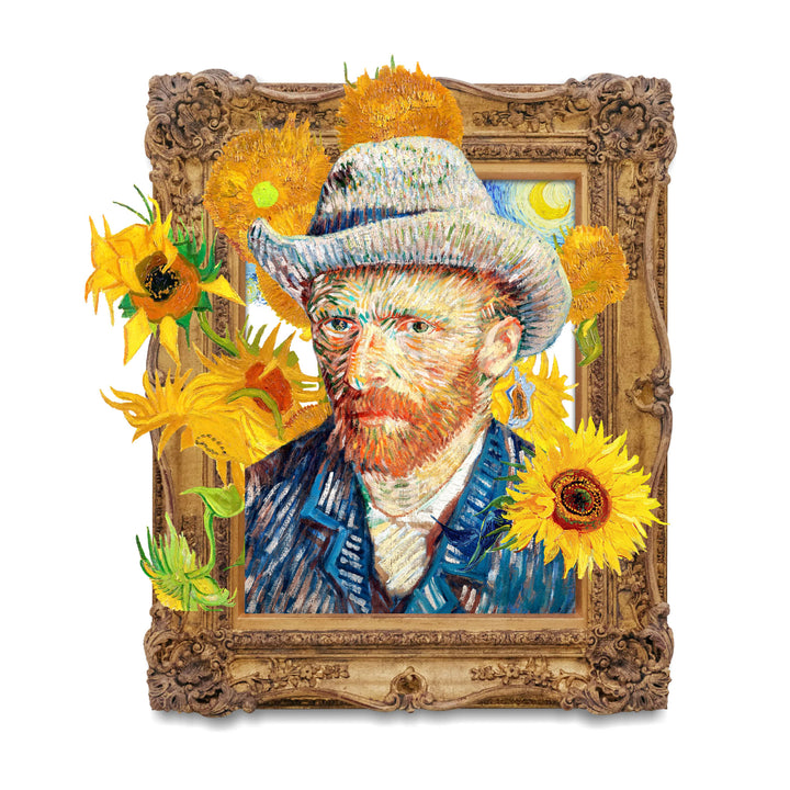 Wadi Home Vincent Van Gogh Sunflowers portrait wall art, featuring the artist and vibrant yellow sunflowers in a post-impressionist style.